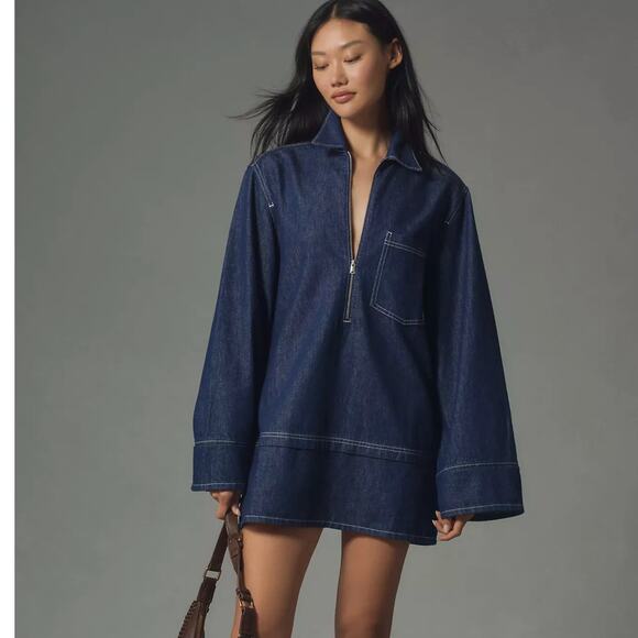 Anthropologie New Pilcro Long Sleeve Dark Denim Oversized Mini Shift Dress XS - Picture 1 of 7
